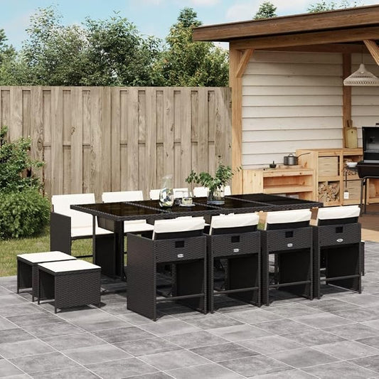 13 Piece Patio Dining Set with Cushions Black Poly Rattan Outdoor Furniture Table 8 Chairs 4 Stools Folding Backrest Space Saving Tempered Glass Tabletop for Garden Backyard Lawn Porch Entertainment