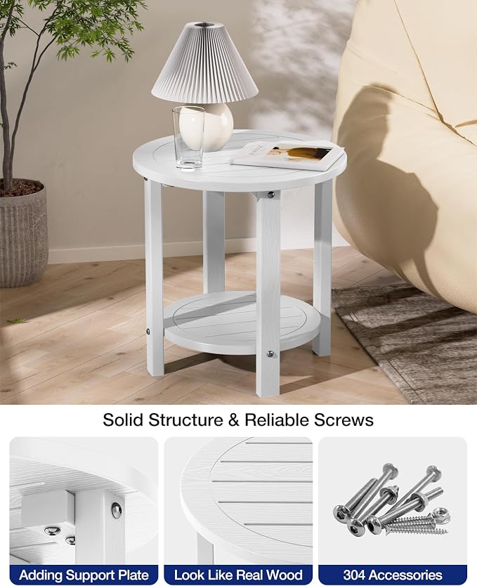 YEFU Outdoor Side Table for Patio: 16in HIPS Small Round Outdoor End Table - 2-Tier Adirondack Tables for Patio Porch Yard Poolside Living Room Beach Bedroom (White, 1 Pack)
