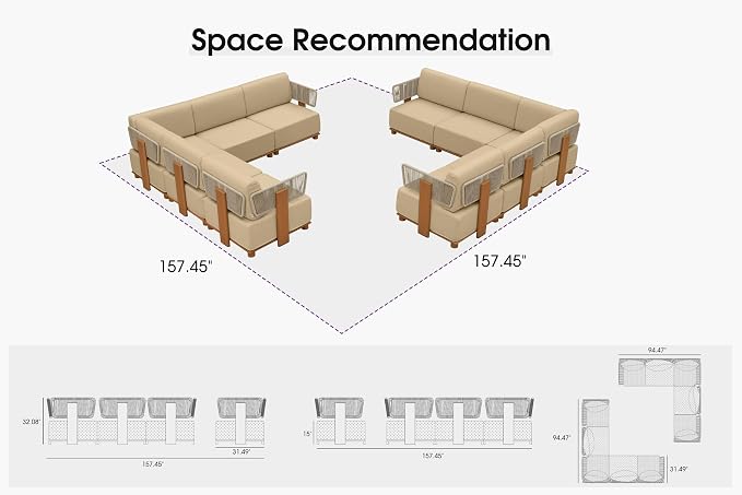 PURPLE LEAF Patio Furniture Set Modular L-Shaped Outdoor Sectional Sofa with 11" Thick Olefin Cushion 10-Piece Outdoor Conversation Set for Patio Backyard Garden Poolside, Beige