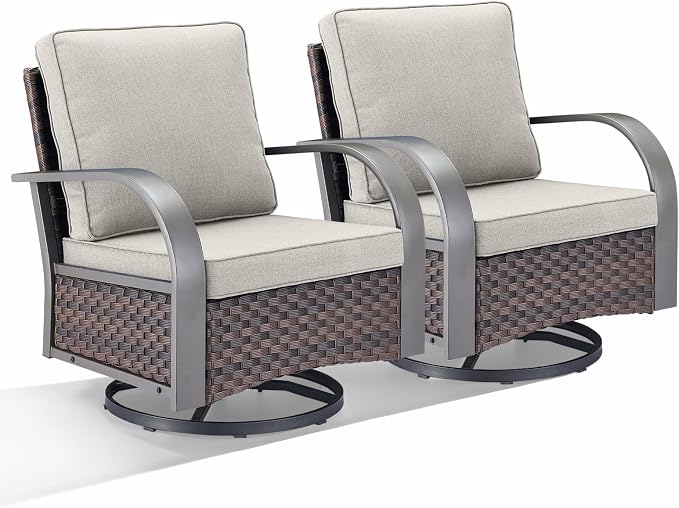 HUMMUH Patio Swivel Glider Wicker Chair, Brown and Beige | 360° swivel and glider motion, 3.5 in Olefin cushion, powder-coated steel frame, removable cover, for deck and porch