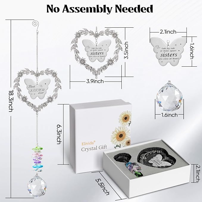 Suncatcher Gift for Sister Birthday, Best Sister Ever Crystal Ornament | Heart-shaped Gift for Big Sister, Unique Long Distance Gifts for Sister Adult, Indoor Window Decoration Sun Catcher