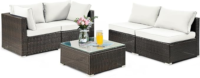 DORTALA 5 Pieces Patio Furniture Set, Outdoor Rattan L-Shaped Corner Sofa Set with Cushions, Coffee Table, Patio Sectional Conversation Set for Backyard Porch Garden Poolside, White