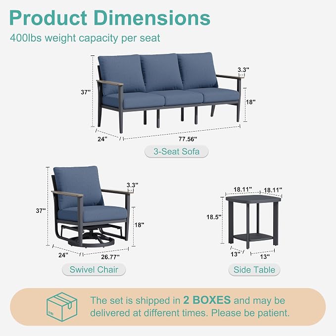 Aluminum Outdoor Patio Furniture Set 5-Seat, Patio Conversation Set Sectional Furniture Set with Swivel Rocking Chairs High Backrest & Thickened Cushions for Garden, Backyard, Poolside, Navy Blue