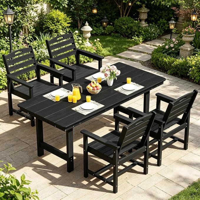 PIZZELLO Patio Dining Table for 6, 66" Rectangular HDPE Outdoor Dining Table with 1.8" Umbrella Hole, All Weather Outdoor Patio Table for Lawn Backyard Garden, Black