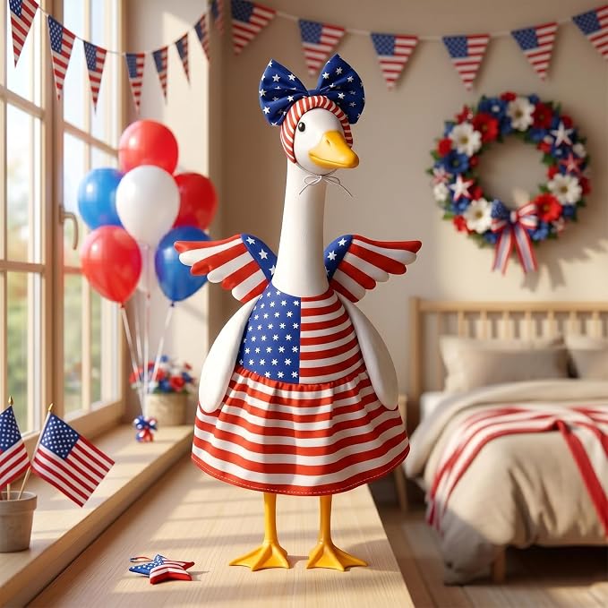 Porch Goose Outfits 23 Inch Summer Statue for 4th of July Patriotic Independence Memorial Day Clothing Dress for Garden Patio Outdoor Holiday Seasonal Costumes Outfit US 250th Anniversary Decoration