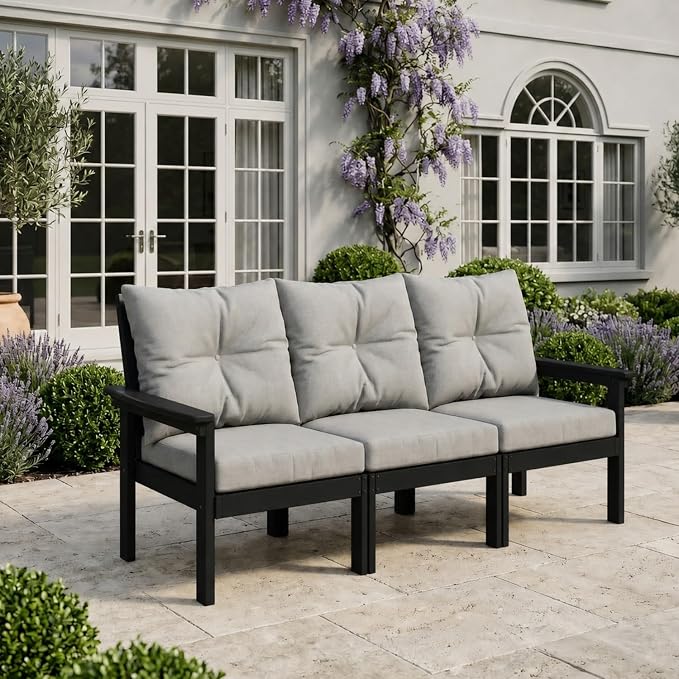 HDPE 3 Piece Patio Furniture Set, All-Weather Outdoor Couch Set with Thick Cushions, Patio Conversation Sets for Lawn, Garden, Porch, Balcony, Deck, Poolside, Black Frame Grey Cushion