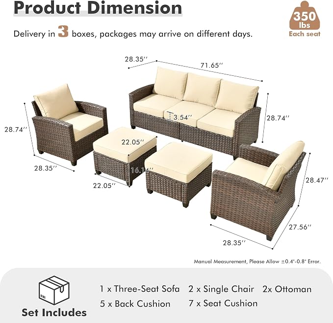 ovios 5 Pieces Patio Furniture Set, Outdoor Wicker Sofa Couch with Chairs Comfy Cushions, All Weather Brown Rattan Conversation Set for Backyard Deck Porch, Beige