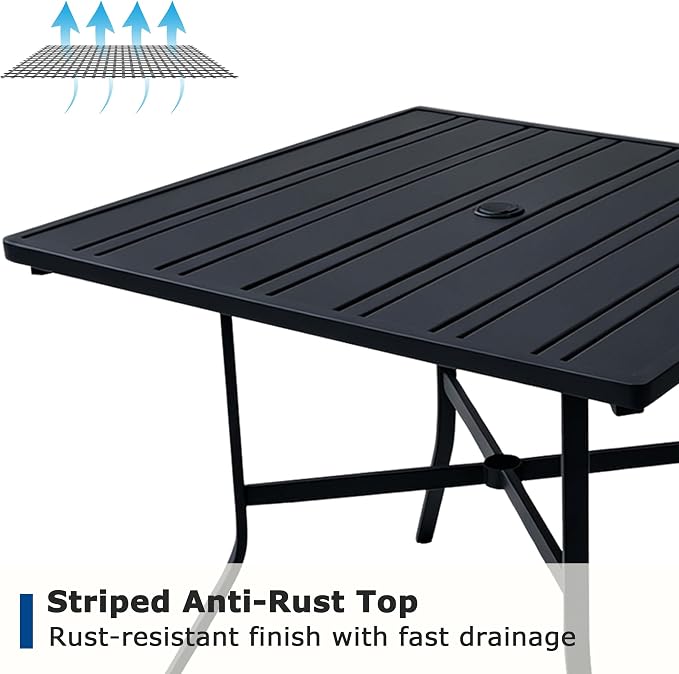 34" Square Patio Table with Umbrella Hole, Metal Outdoor Dining Table for Garden, Backyard and Deck, 4 Person Square Patio Dining Table for Outside, Black