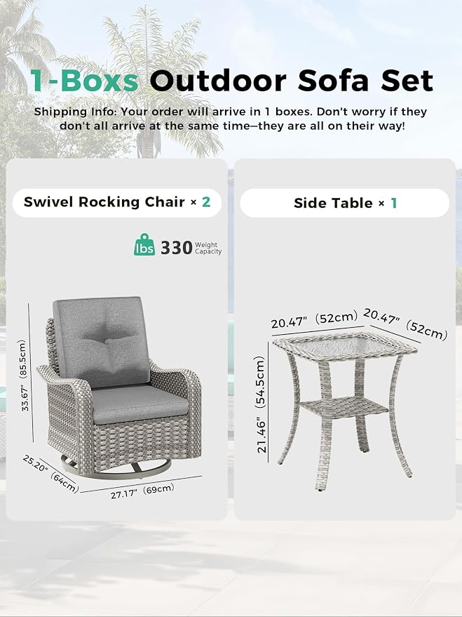 3 Piece Outdoor Wicker Patio Furniture Set,High Back Swivel Rocker Patio Chairs with 4" Thickened Cushions & Side Table, All-Weather PE Rattan for Garden, Backyard, Porch, Gray