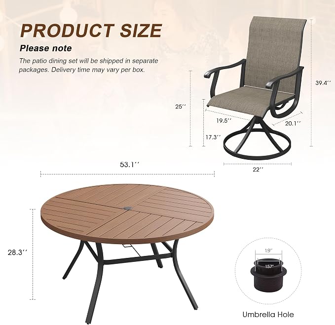 VICLLAX Patio 7 Pieces Outdoor Dining Set, 53" Round Metal Table with Umbrella Hole and 6 Swivel Textilene Chairs for Lawn, Garden, Porch,Walnut/Brown