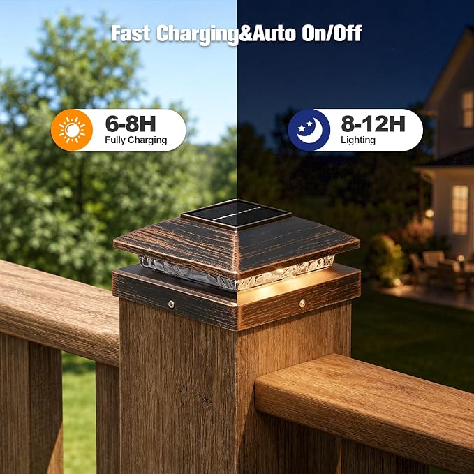 APONUO Solar Post Cap Lights for 4x4 Posts - IP64 Waterproof, Warm White, Wireless Fence Lights & Deck Lights for Patios, Gardens, and Yards, Brushed Copper, 8 Pack