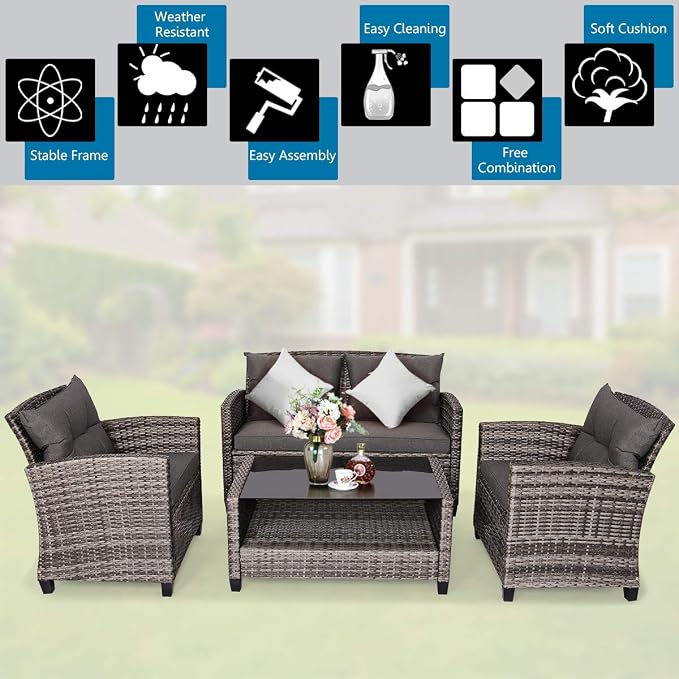 COSTWAY 4-Piece Patio Rattan Furniture Set, Cushioned Sofa, Loveseat and Tempered Glass Top Coffee Table, Outdoor Sectional Conversation Set for Garden Lawn Backyard (Gray)