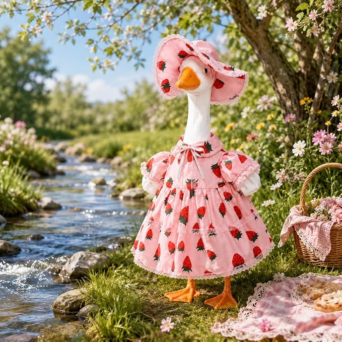 23-Inch Porch Goose Outfit for Spring Summer, Strawberry Dress with Matching Hat, Fits Cement & Plastic Goose Statues, Outdoor Lawn Decor