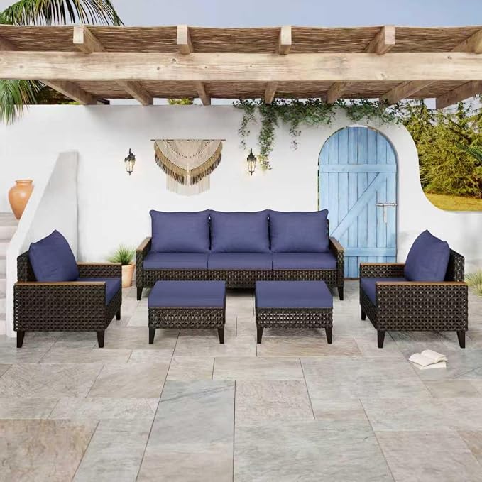 7 Piece Patio Furniture Set, All-Weather Wicker Rattan Outdoor Sectional Sofa Set with High Backrest and Thick Cushions for Garden, Porch, Poolside, Blue