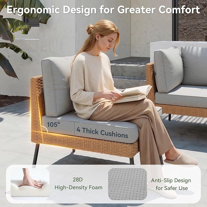 Aoxun 6 Piece Patio Furniture Set, 6 Seats Outdoor Sectional Sofas with Thick Cushion, Wicker Outdoor Patio Furniture Set with Ottomans for Party, Garden, Backyard, Grey