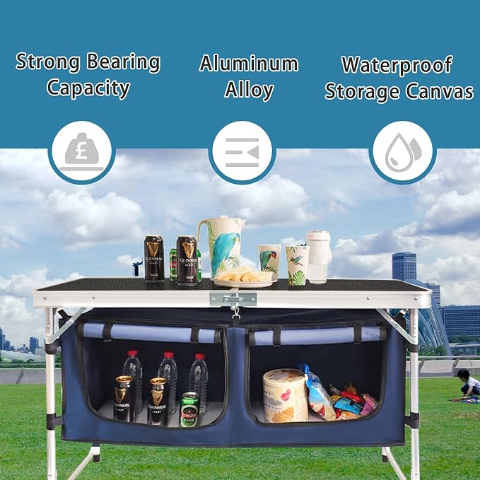 Folding Camping Table with Storage Compartment Aluminum Lightweight Camp Kitchen Table Height Adjustable Indoor/Outdoor Table Perfect for Tailgating, Backyards, BBQ, Picnic (Black-Wide W/Stool)