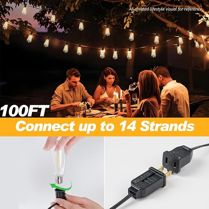 100FT LED Outdoor String Lights Waterproof, Edison Lights for Outside | with 52 Shatterproof Vintage Edison Bulbs Connectable Hanging Patio Lights for Yards Balcony Porch Bistro Garden Decor