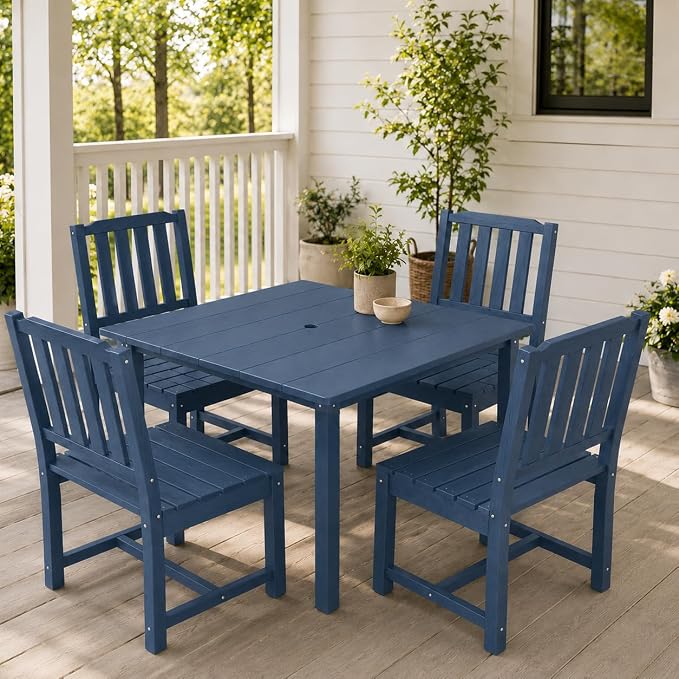 HDPE Outdoor Dining Set for 4, Square Table & Chairs Set | • All-Weather Polywood Composite • 410 lbs Heavy-Duty Support • Built-In 2" Umbrella Hole • Easy Soap-Water Wash