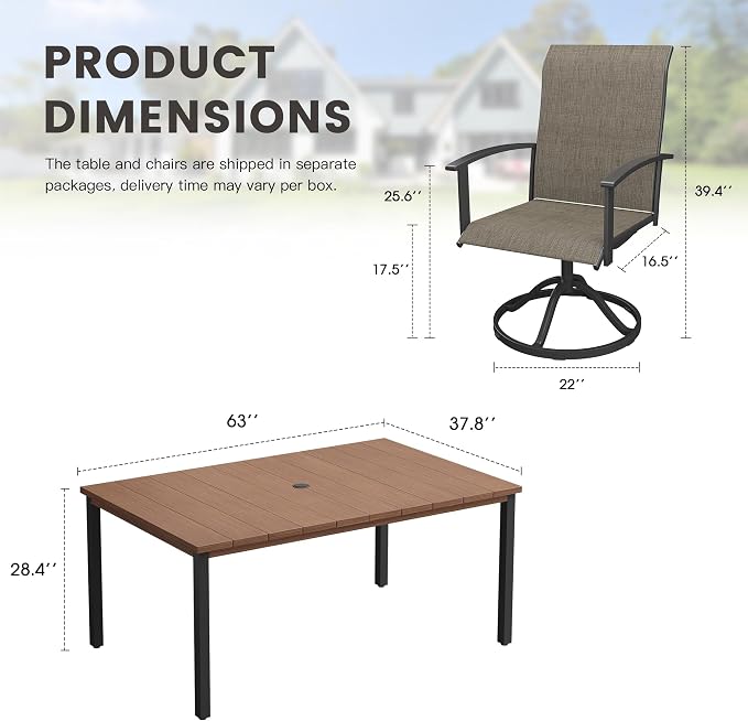 7 Pieces Patio Dining Set, Outdoor Furniture of 63" Rectangular Patio Table and Patio Swivel Chairs for Backyard Lawn Garden, Walnut Table and Mixed Brown Chairs