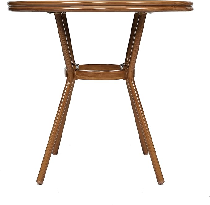 BizChair Indoor/Outdoor Commercial Bistro 31.5" Table, Black and White PE Rattan, Glass Top, Bamboo Print Aluminum Frame in Natural