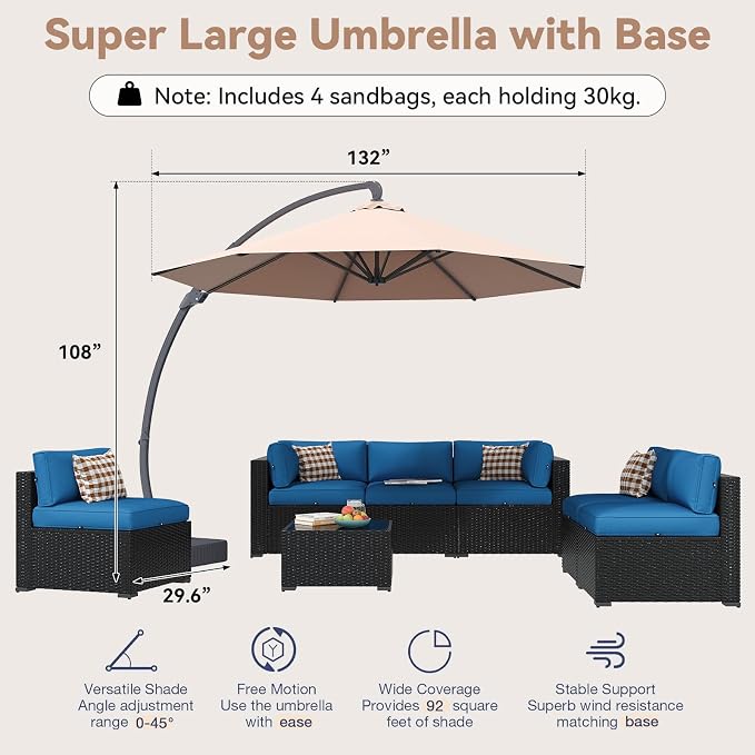 Aoxun Patio Furniture Set with Umbrella, 8 Piece Outdoor Sectional Sofas, Wicker Rattan Outdoor Furniture with Thickened Cushion for Backyard, Garden Navy Blue