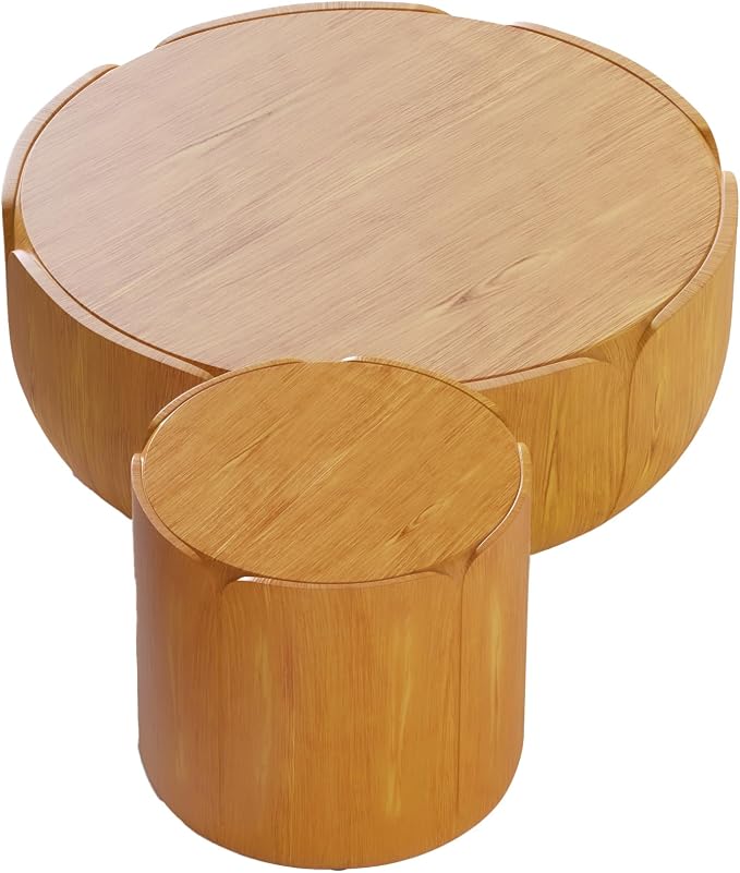 Round Outdoor Indoor Coffee Table Set, 2PC, 35.63" Modern Wood Grain Drum Center Table Set, Sturdy MGO Waterproof, No-Assembly, for Patio, Garden, Backyard, Living Room