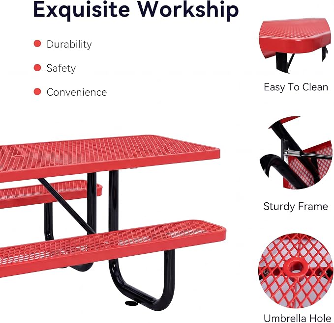 Heavy Duty Picnic Table for Outdoor 1400 lbs Load All Metal Camping Table with Umbrella Hole up to 1.5", Rectangle Dining Table for Commercial Picnic Table with Benches, Red