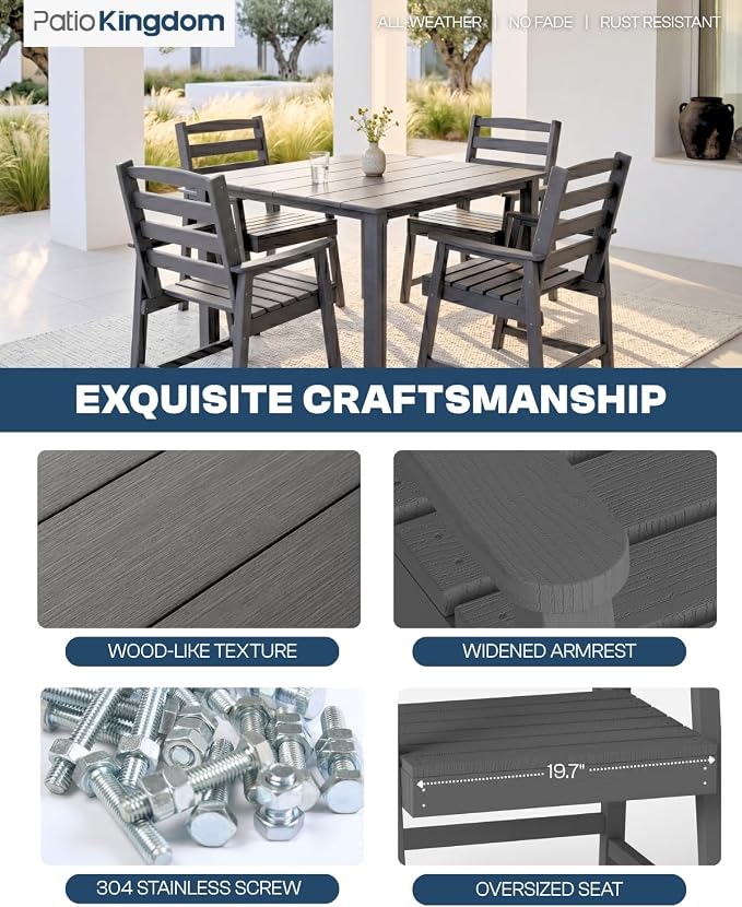 HDPE Outdoor Dining Set for 4, Armchairs, Grey | All-Weather HDPE, Wood Grain Finish, 42.5" Square Table, Built-In Umbrella Hole, Seats 4, Patio & Poolside Ready