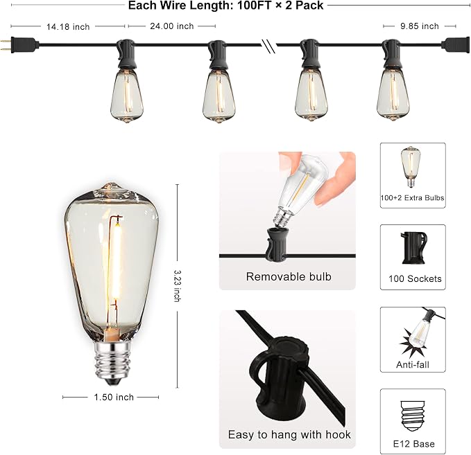 Outdoor String Lights Waterproof 200FT Outside Lighting for Patio Backyard | 2-Pack x 100FT Connectable Outdoor Lights,102 Shatteproof Dimmable Edison Bulbs for Porch Bistro Garden Gazebo Balcony Cafe