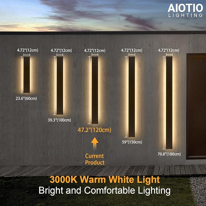 AioTio 47.2in 2pcs Modern Outdoor Wall Light for House, Black Upgraded 4.72in Wide 3000K Waterproof IP65 Porch Lights Wall Sconce,Long LED Linear Outside Exterior Lighting Fixtures for Garage,Patio