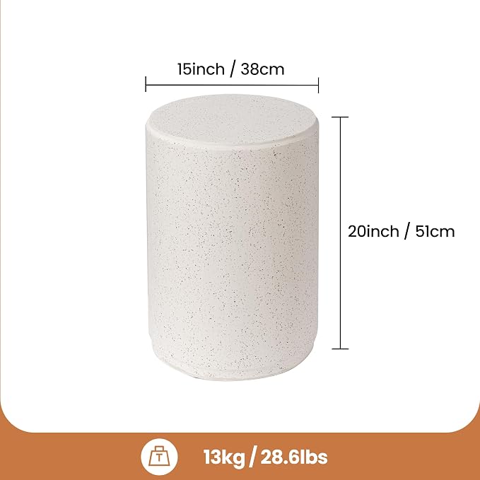HOMPUS Outdoor Side Table Round, Concrete Lightweight MgO End Table, Patio Accent Coffee Table Garden Tool for Patio, Porch and Deck, Spotted White