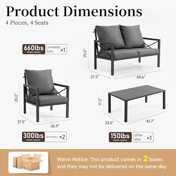 4-Piece Patio Furniture Set – All-Metal Outdoor Sectional Couch with X-Shaped Armrests, 4" Cushions & Coffee Table, Modern Patio Conversation Set for Porch, Balcony, or Deck (Grey)