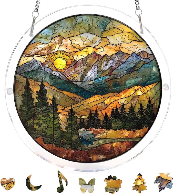 Acrylic Puzzle Suncatcher, Mountain Stained Glass Window Hanging, Sun Catcher Puzzle Kit Home Garden Decor, Creative Mothers Day and Birthdays Gifts for Mom, Wife, Sisters, 7.87 inch