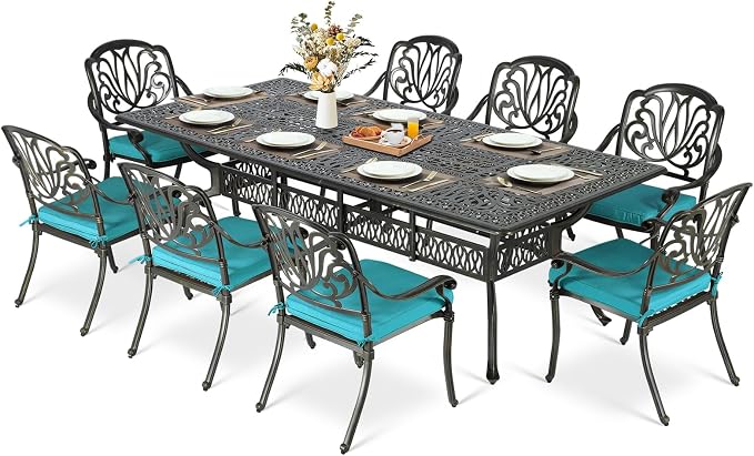 MEETWARM 9-Piece Outdoor Patio Dining Set for 8, All Weather Cast Aluminum Patio Funiture Table and Chairs Set- 94.5” Rectangular Table and 8 Cushioned Chairs for Garden, 2" Umbrella Hole, Ocean Blue