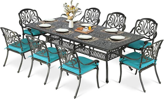 MEETWARM 9-Piece Outdoor Patio Dining Set for 8, All Weather Cast Aluminum Patio Funiture Table and Chairs Set- 94.5” Rectangular Table and 8 Cushioned Chairs for Garden, 2" Umbrella Hole, Ocean Blue