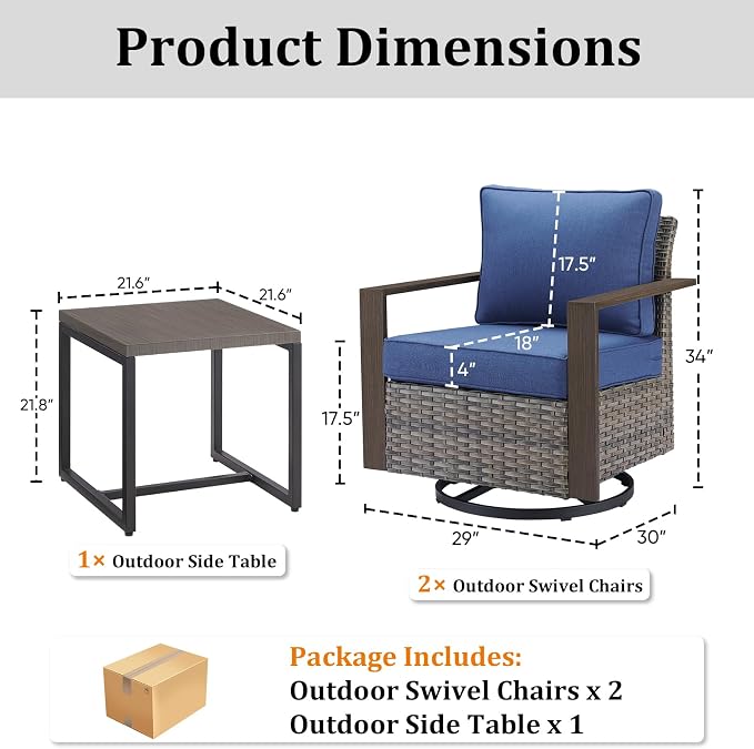 Outdoor Swivel Rocker Patio Chairs Set of 3, High Back Swivel Patio Chairs with Side Table & Metal Arm, Wicker Outdoor Bistro Set for Porch, Yard, Deck, Poolside, Grey/Blue