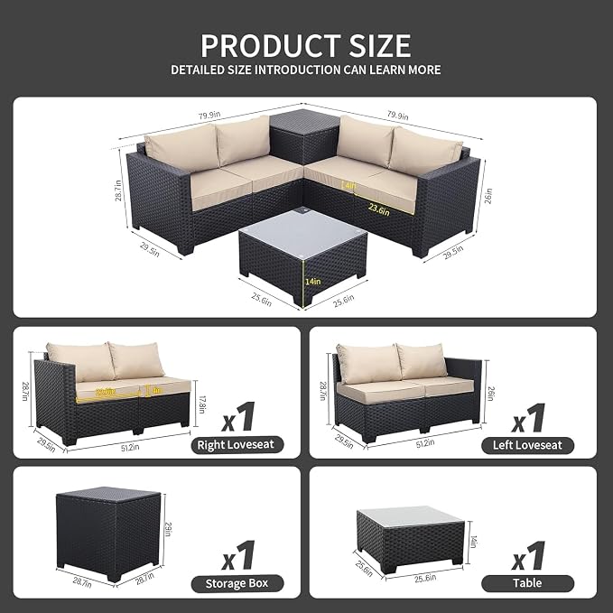 4-Piece Outdoor Patio Furniture Set with Black PE Wicker Rattan Sectional Loveseat Couch, Conversation Sofa with Storage Box, Glass Top Coffee Table, Non-Slip Cushions for Backyard and Garden