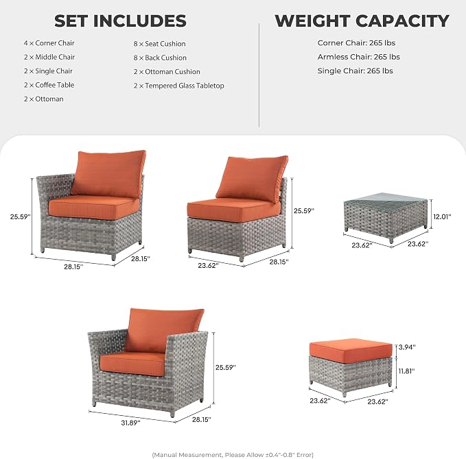 CAODOC 12 Pieces Outdoor Furniture Patio Sectional Sofa Couch Gray PE Wicker Conversation Sets with Ottomans Glass Coffee Table for Garden Poolside Backyard