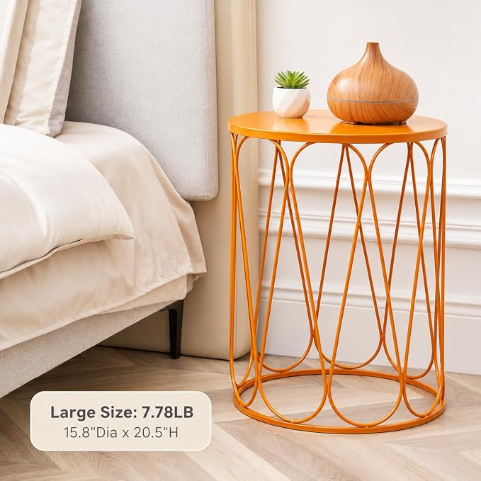 HFHOME Set of 3 Metal Outdoor Side Table, Nesting Round Coffee Table for Indoor Outdoor, Heavy Duty End Tables Plant Stand Living Room Garden Stool - Orange