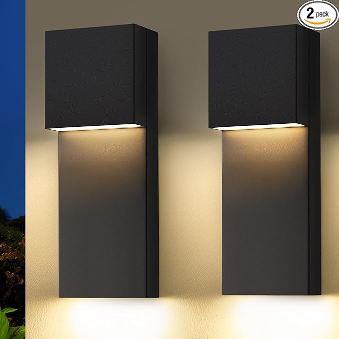 Modern LED Outdoor Wall Sconce, 15'' 20W Outdoor Light Fixtures Exterior Wall Lights, Black LED Front Porch Lights Outside Wall Mount Lighting for House, Backyard, Warm White 3000K, 2 Pack