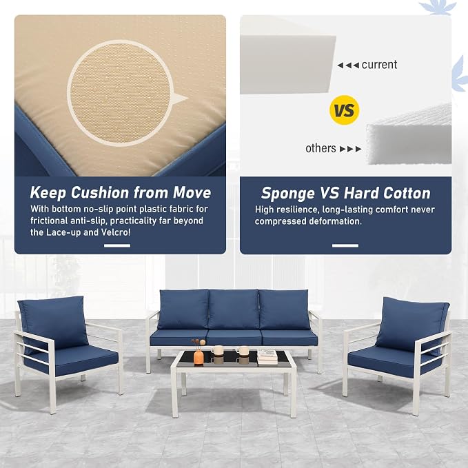 Oasishine Patio Furniture Set Aluminum 4 Pieces White Metal Outdoor Furniture Set Glass Coffee Table with No-Slip Cushions and Waterproof Covers, Navy Blue