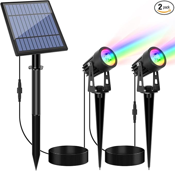 APONUO Metal Solar Spot Lights Outdoor with 9.8ft Cable Solar Powered Landscape Lighting Low Voltage IP65 Waterproof Auto On/Off for Outside Garden Yard Landscape Pathway Garage-Multicolor(2-in-1)