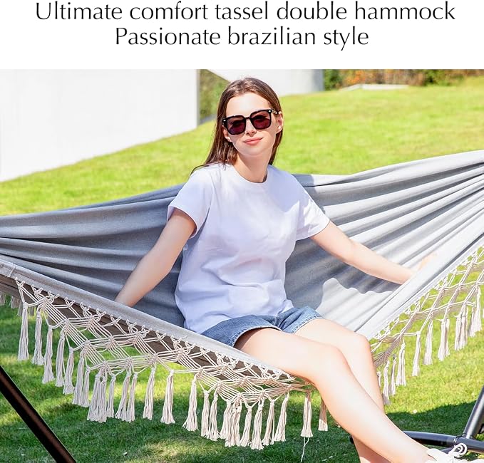 PNAEUT Handmade Tassel Hammocks, Double Hammock with Stand for Outside, Max 450 lbs Capacity, Pillow & Storage Bag Included (Grey)