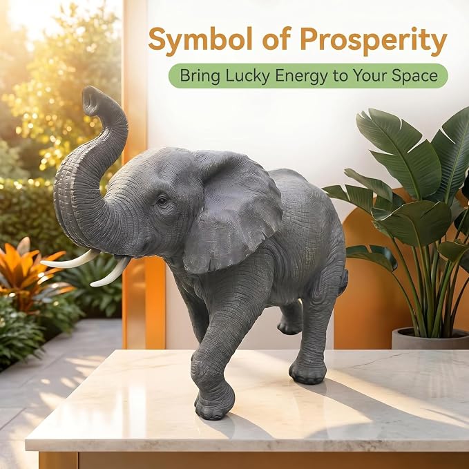 Large Resin Elephant Statue, 28 Inch Trunk Up | Garden Decor, Outdoor Lawn Patio Porch Yard, Lucky Feng Shui, Wildlife Animal Figurine