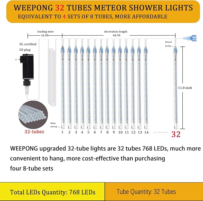 Weepong Meteor Shower Outdoor Christmas Lights 32 Tube 768LEDs Snow Falling Rain Cascading Icicle Light for Christmas Halloween Tree Decorations Wedding Party Garden Decor, UL Plug Multi Color
