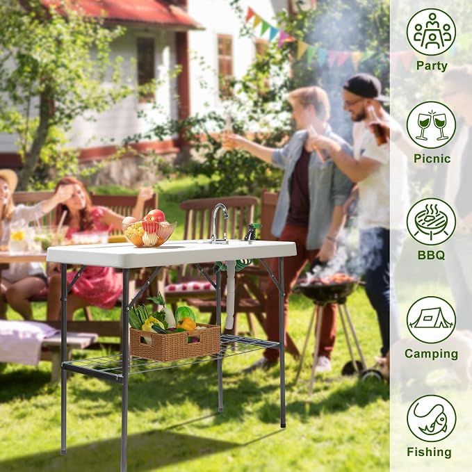 VINGLI Upgarded Folding Fish Cleaning Table with Sink, Portable Camping Sink Table with Grid Rack & Sprayer, Fish Fillet Cutting Table with Drainage Hose for Patio Backyard BBQ…