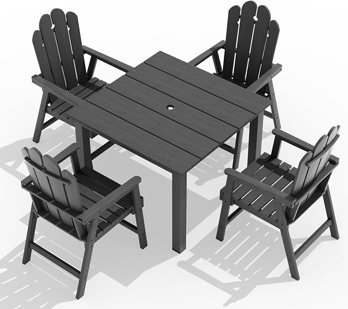 5 Piece Outdoor Table and Chairs Set, HDPE Weather Resistant, Gray | 4 seat HDPE patio dining set,high back fade resistant and waterproof, easy clean, ideal for small outdoor spaces