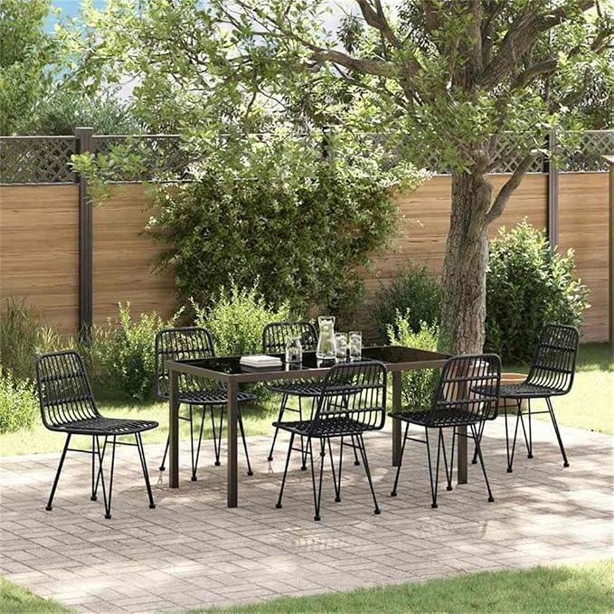 Afuera Living 7 Piece Poly Rattan Garden Dining Set, Black Finish, Rectangular UV-Resistant Design, Powder-Coated Steel Frame, Seats 6, Weather-Resistant Outdoor Patio or Garden Furniture for Dining