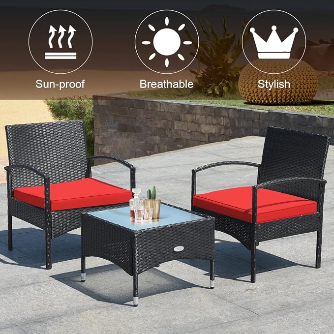COSTWAY 3 PCS Patio Wicker Conversation Set, PE Rattan Sofa with Tempered Glass Coffee Table, 2 Chairs, 2 Cushions, Outdoor Patio Furniture Set for Yard Porch Bistro Balcony Backyard Pool, Red