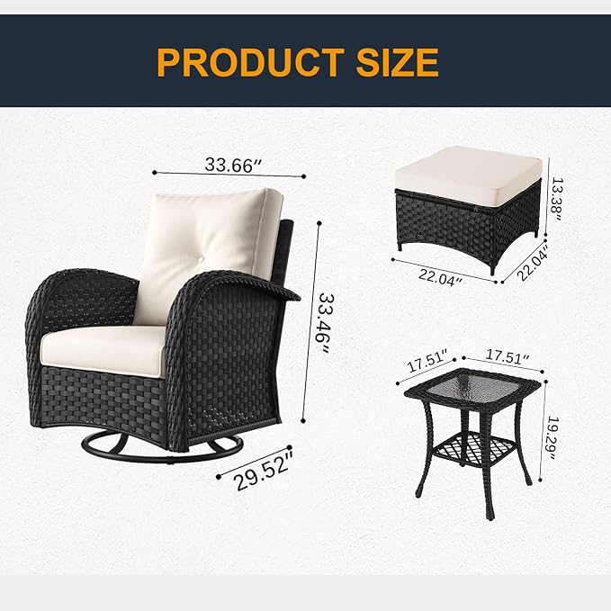 5 Pieces Outdoor Wicker Patio Swivel Rocking Chairs, All Weather Wicker Conversation Set with Side Table